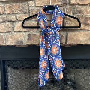 Vibrant Orange, Blue And White Floral Pattern Scarf.